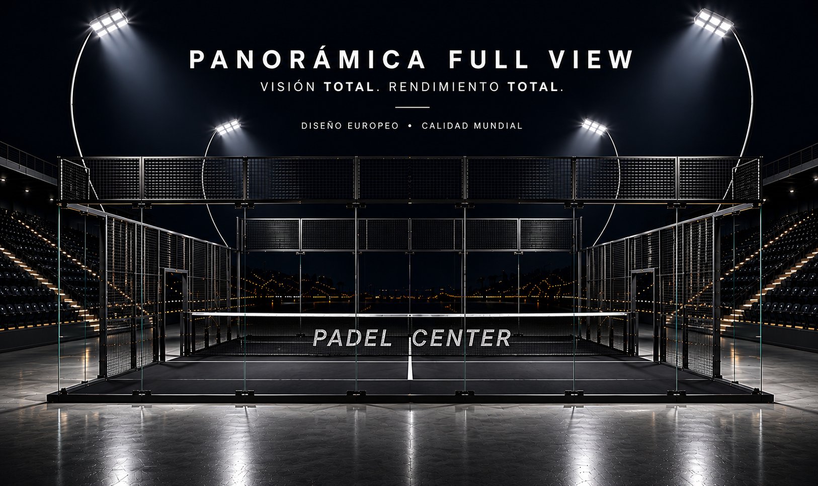 Cancha de pádel panorámica Full View en color negro / grafito — máxima elegancia para arenas premium